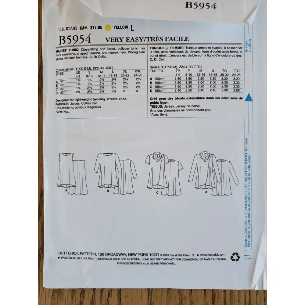 Butterick B5954 Pattern Womens XS - M Tulip Hem Front/Cowl Neck Top New Uncut